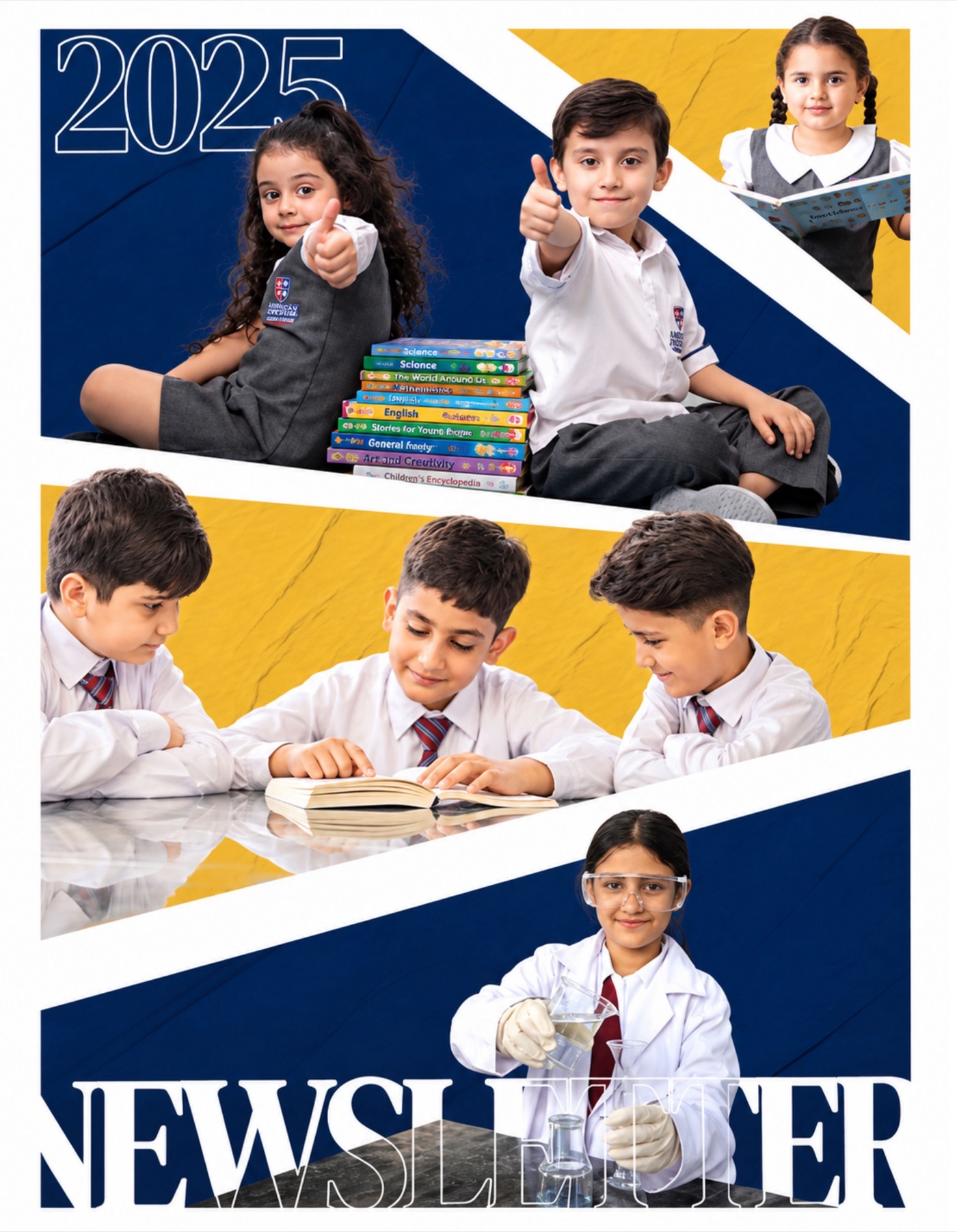Cover of the Happyhome 2025 newsletter, showing pupils reading, working in a science lab and holding a stack of books